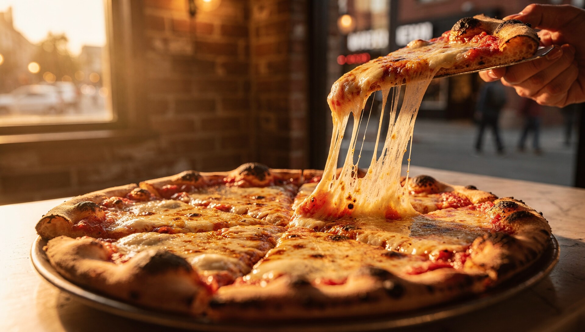 Whole New York-style cheese pizza with a slice pulled in a long cheese stretch downtown