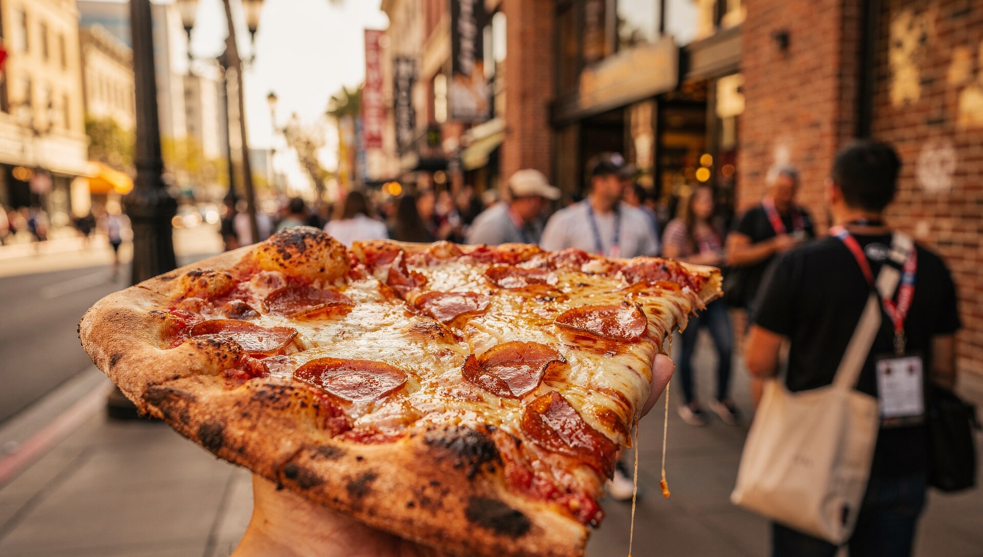 Foldable New York pizza slice held up on a crowded Comic-Con San Diego street