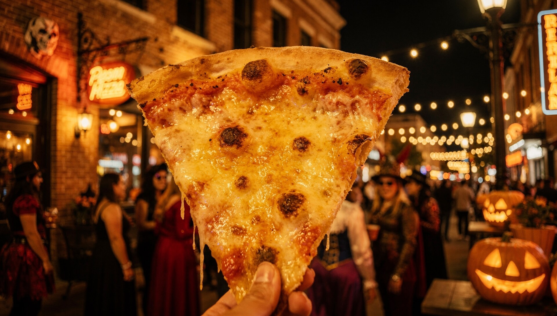 Foldable New York slice on a costumed Halloween night in the Gaslamp Quarter