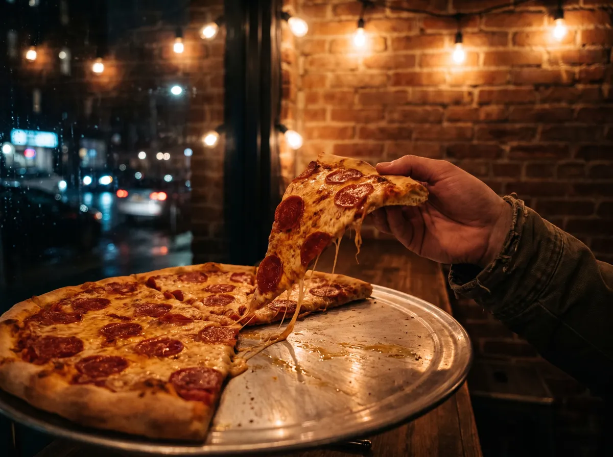 Late-night New York-style pizza slice at a downtown San Diego slice counter Late-night New York-style pizza slice at a downtown San Diego slice counter