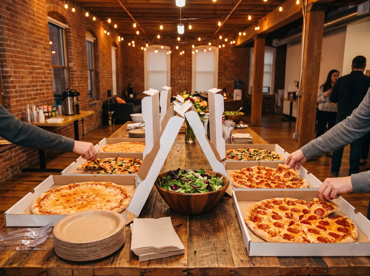 Pizza catering spread for an office party in downtown San Diego Pizza catering spread for an office party in downtown San Diego