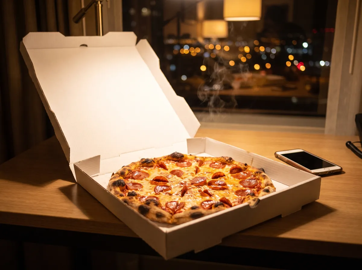 Pizza delivery to a downtown San Diego hotel room at night Pizza delivery to a downtown San Diego hotel room at night