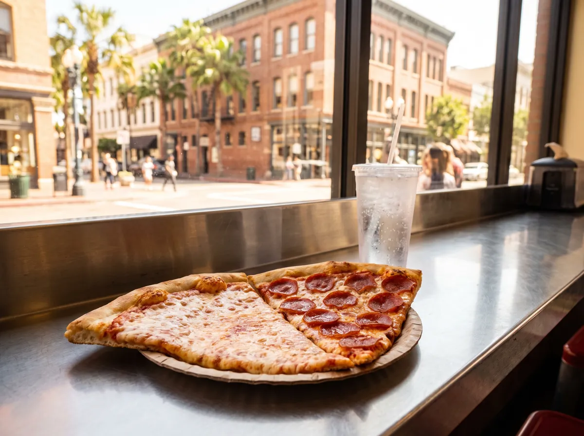 Two New York-style pizza slices and a soda lunch special in downtown San Diego Two New York-style pizza slices and a soda lunch special in downtown San Diego